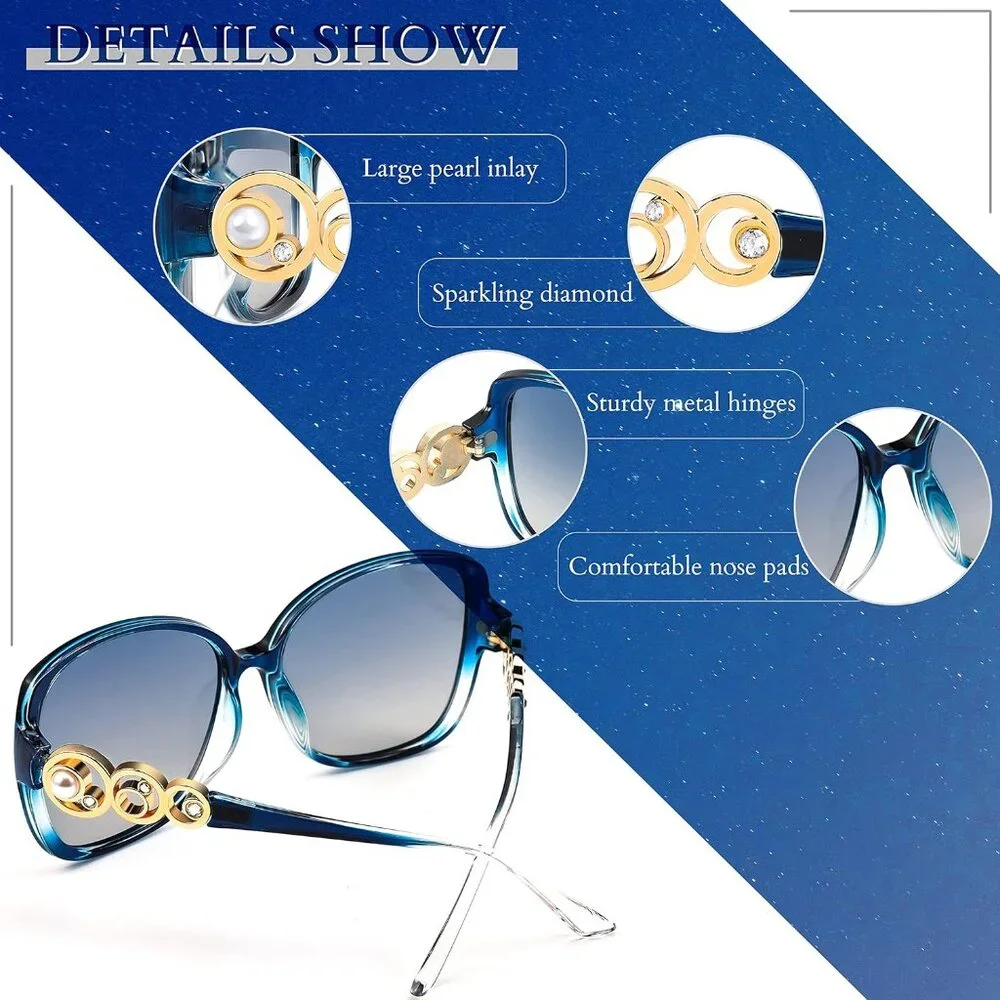 Women's Fashion Square Sunglasses Blue Frame Pearl Sparkling Eyes Protection